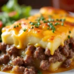 A delicious serving of cheesy hamburger potato casserole with a golden crust, served with a fresh side salad.