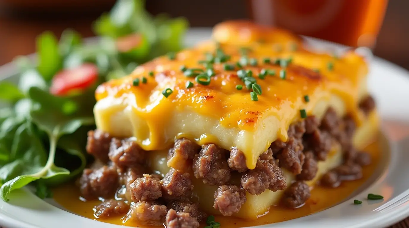 A delicious serving of cheesy hamburger potato casserole with a golden crust, served with a fresh side salad.