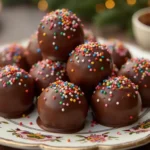 Chocolate rice krispie balls with glossy chocolate coating and sprinkles.