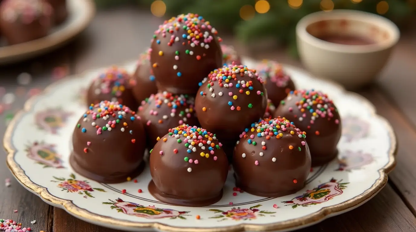 Chocolate rice krispie balls with glossy chocolate coating and sprinkles.