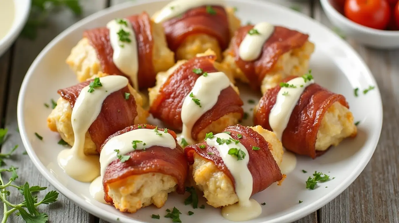 A delicious serving of Creamy Bacon-Wrapped Chicken Alfredo Bites, elegantly presented with herbs.