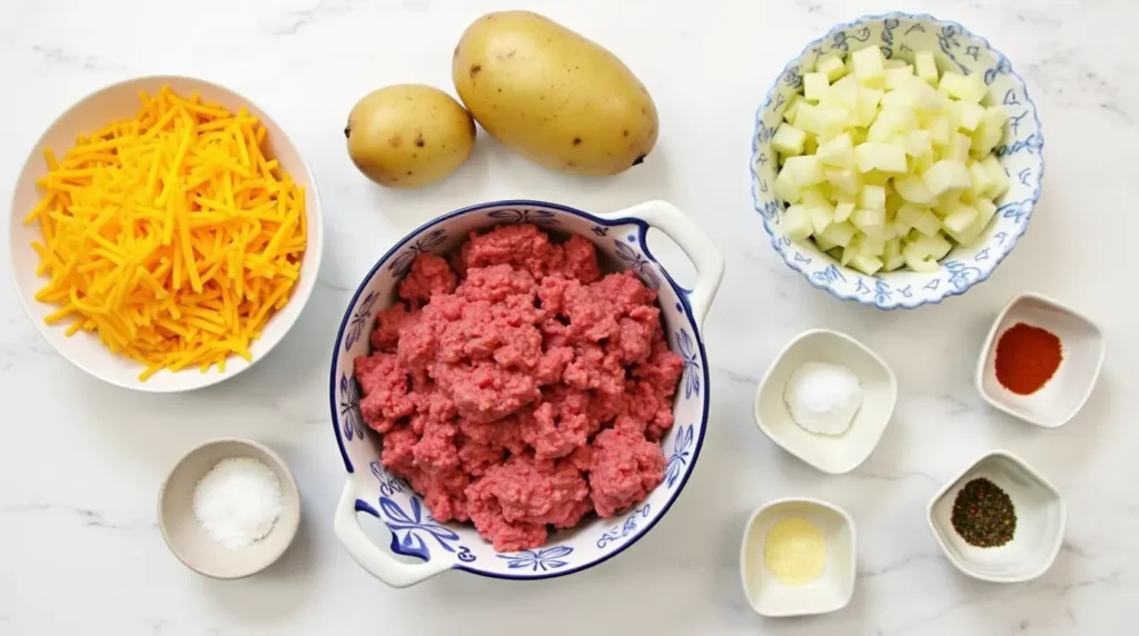 Ingredients for cheesy hamburger potato casserole laid out on a wooden surface.