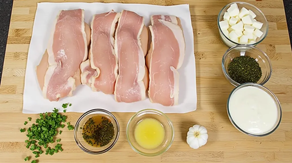 All ingredients for Creamy Bacon-Wrapped Chicken Alfredo Bites displayed on a wooden counter.