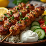 Grilled turkey kebabs served with rice and salad