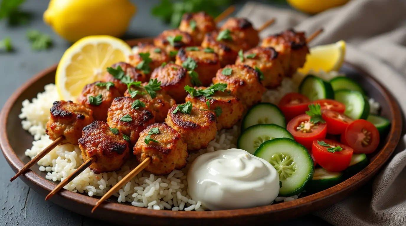 Grilled turkey kebabs served with rice and salad