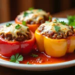 A plate of perfectly baked stuffed bell peppers with melted cheese, garnished with parsley.