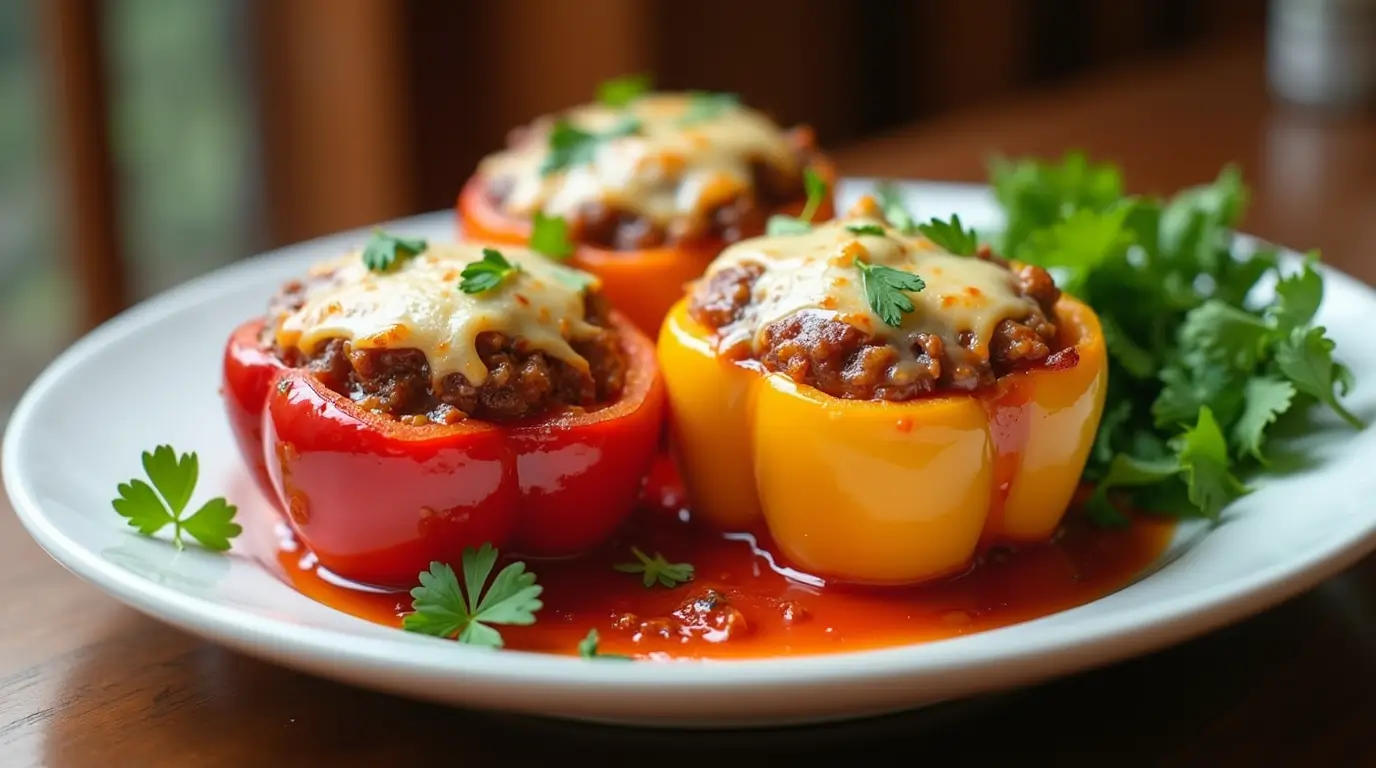 A plate of perfectly baked stuffed bell peppers with melted cheese, garnished with parsley.