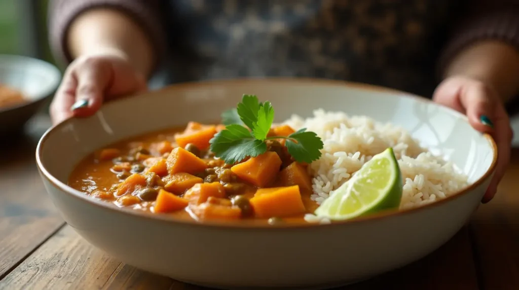 A spoonful of red lentil curry with sweet potatoes, highlighting its creamy texture and vibrant colors.