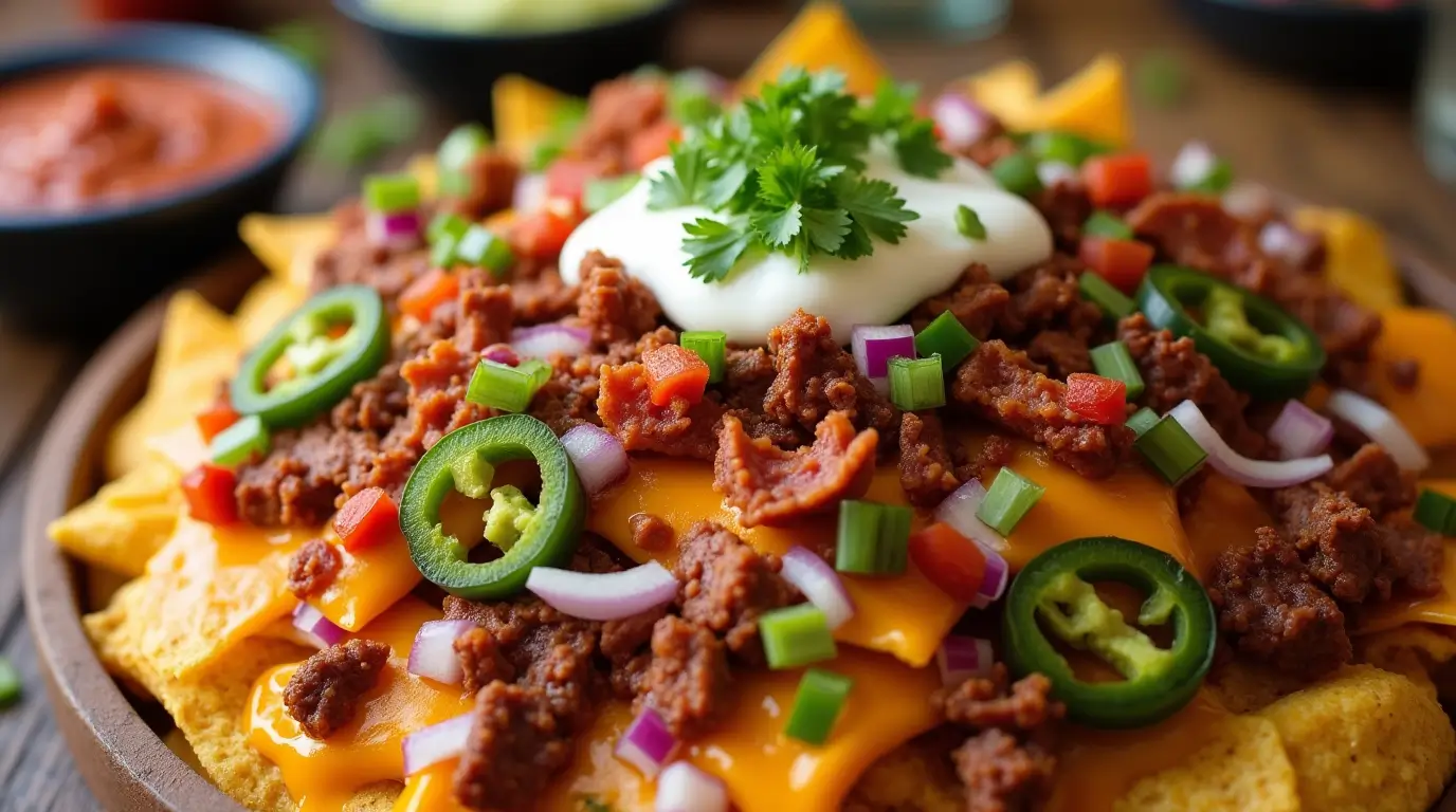 A stunning platter of BBQ Bacon Cheeseburger Nachos topped with cheese, bacon, BBQ beef, and fresh garnishes.