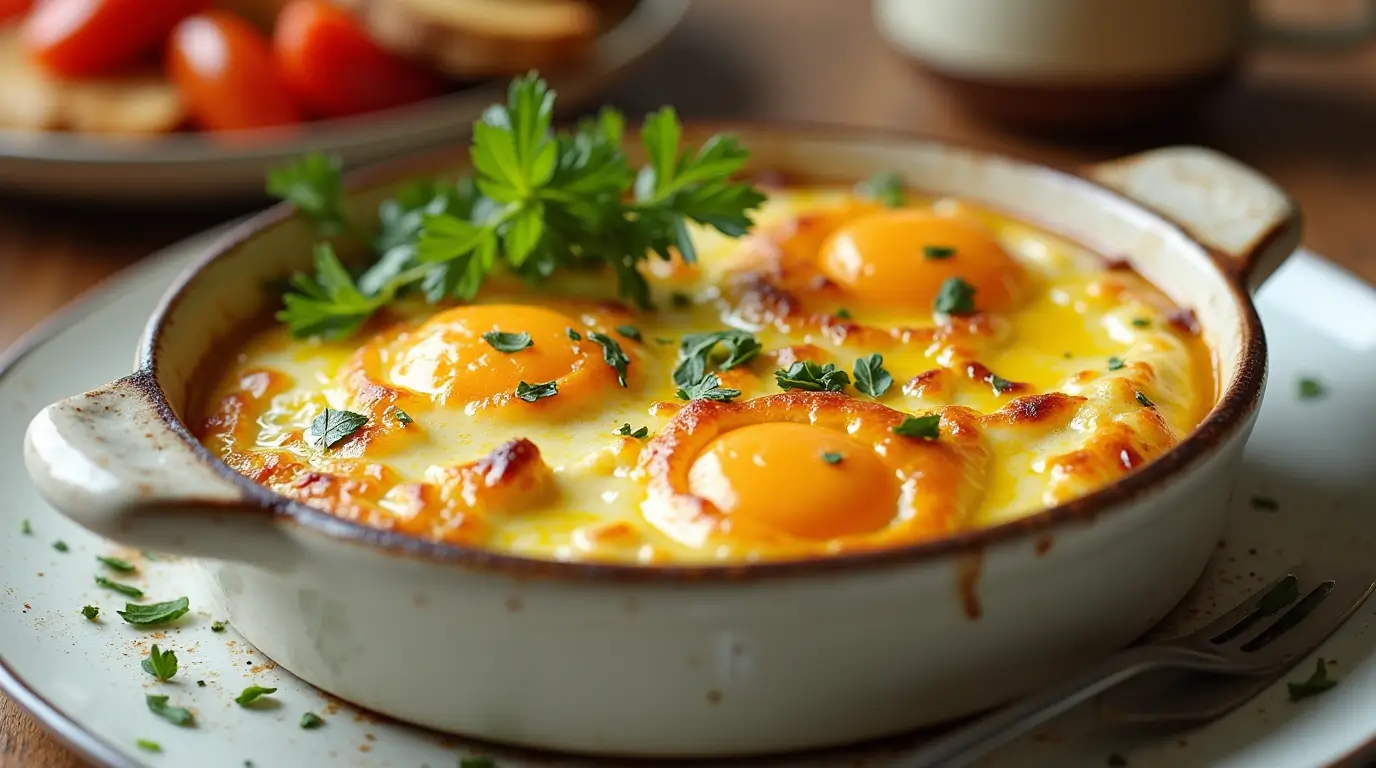 Baked Cottage Cheese Eggs served in a rustic ceramic dish with a golden top, garnished with herbs