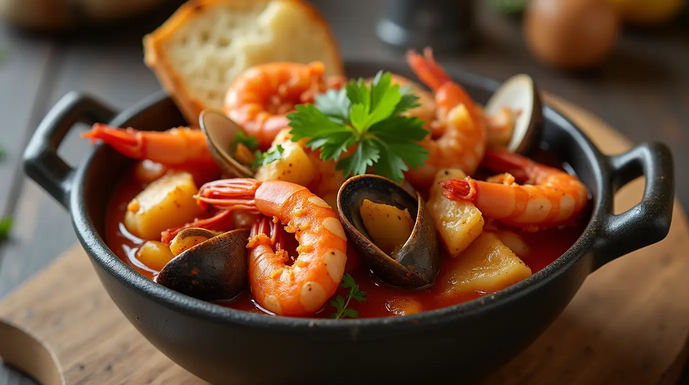 A delicious and comforting bowl of Cioppino Seafood Stew, brimming with tender seafood, tomatoes, and aromatic herbs.