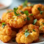 Vegan Fried Cauliflower on a plate with a side of dipping sauce.