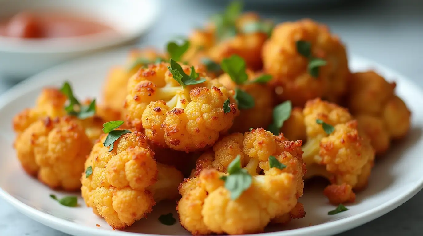 Vegan Fried Cauliflower on a plate with a side of dipping sauce.