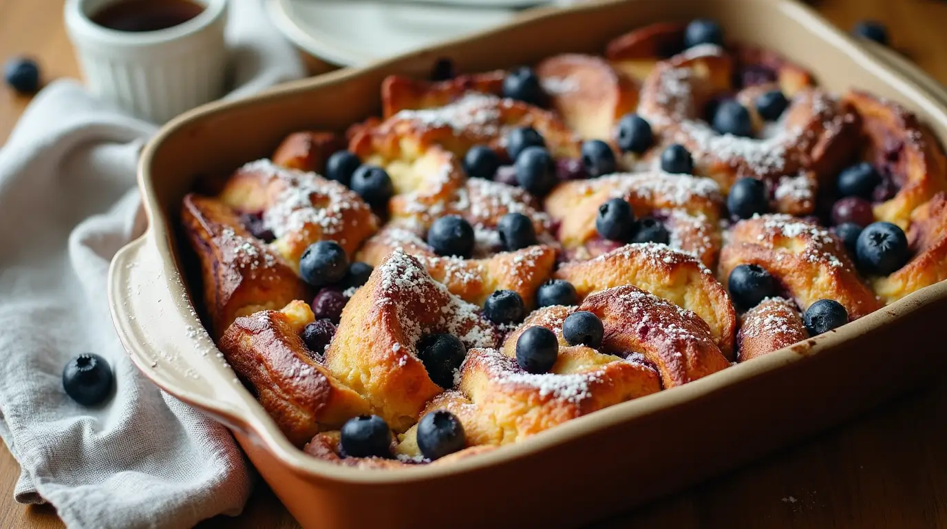 A golden-brown Blueberry Mascarpone French Toast Bake garnished with powdered sugar and fresh blueberries.