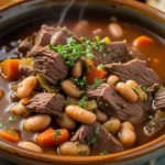 A steaming bowl of Crock Pot Beef and Bean Soup, filled with tender beef, beans, and vegetables.