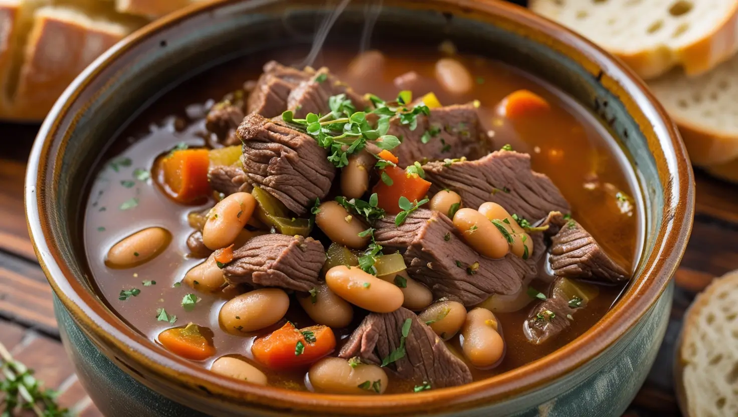 A steaming bowl of Crock Pot Beef and Bean Soup, filled with tender beef, beans, and vegetables.