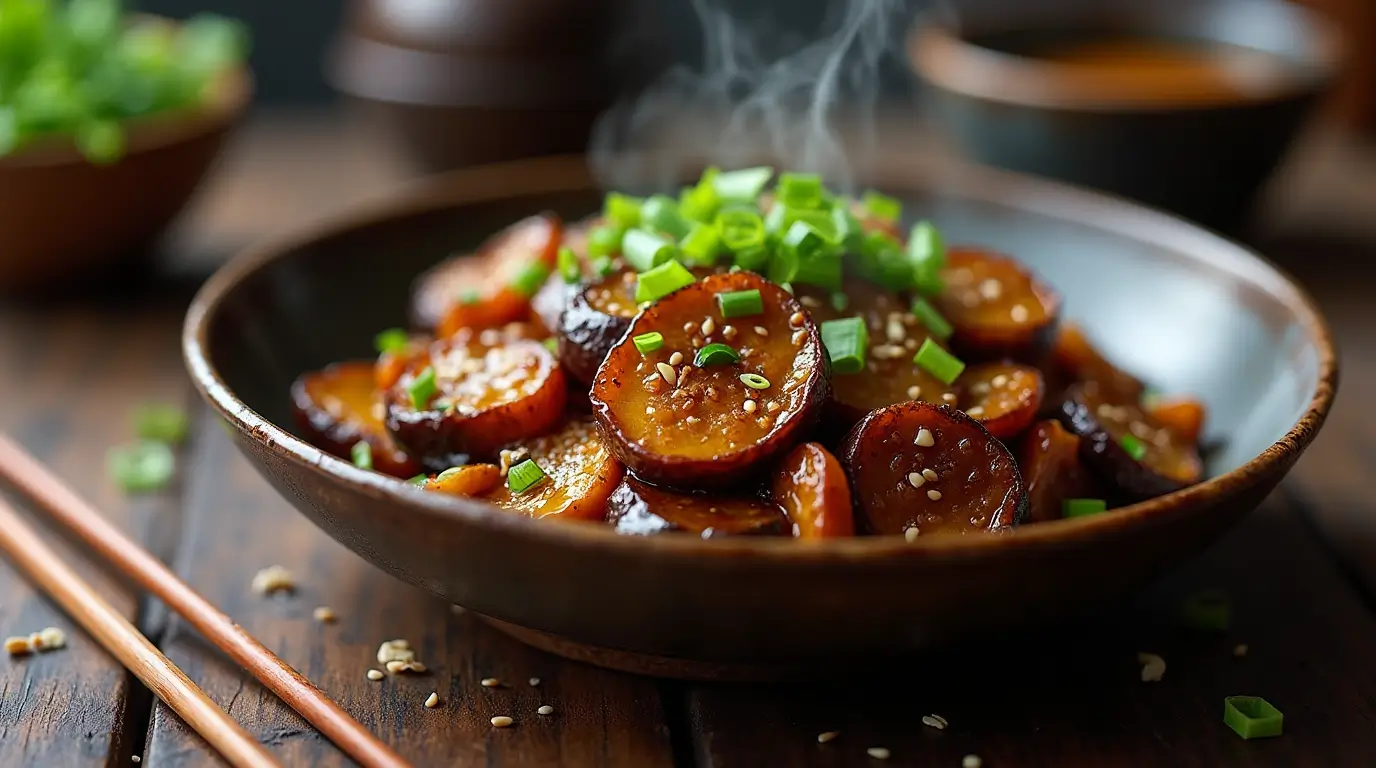 A bowl of Garlicky Eggplant Stir-Fry with a rich soy-garlic glaze, topped with green onions and sesame seeds, served hot and steaming.