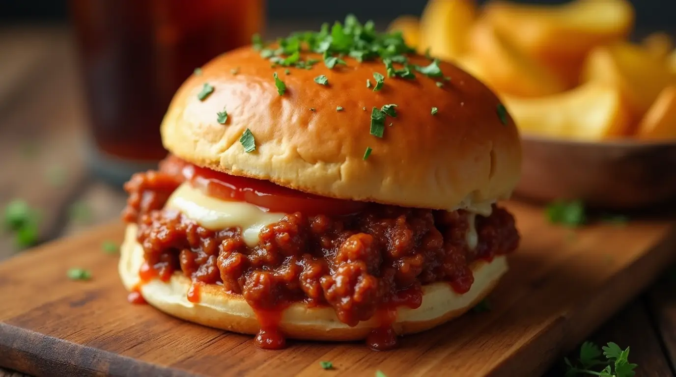 A Pepperoni Pizza Sloppy Joe served with toasted buns, melted cheese, and garnished with parsley.