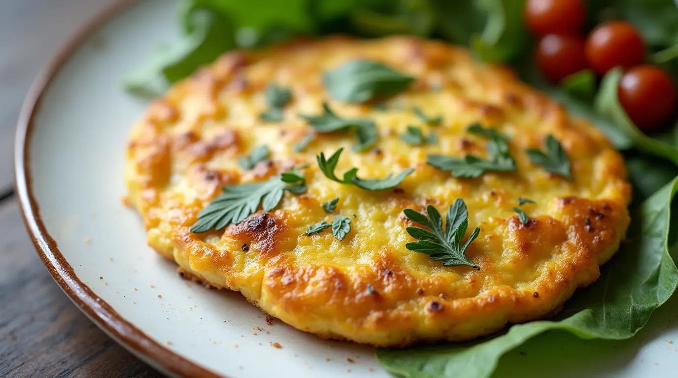 A gorgeous Potato Frittata, perfectly cooked and served with fresh herbs and greens on a white plate.