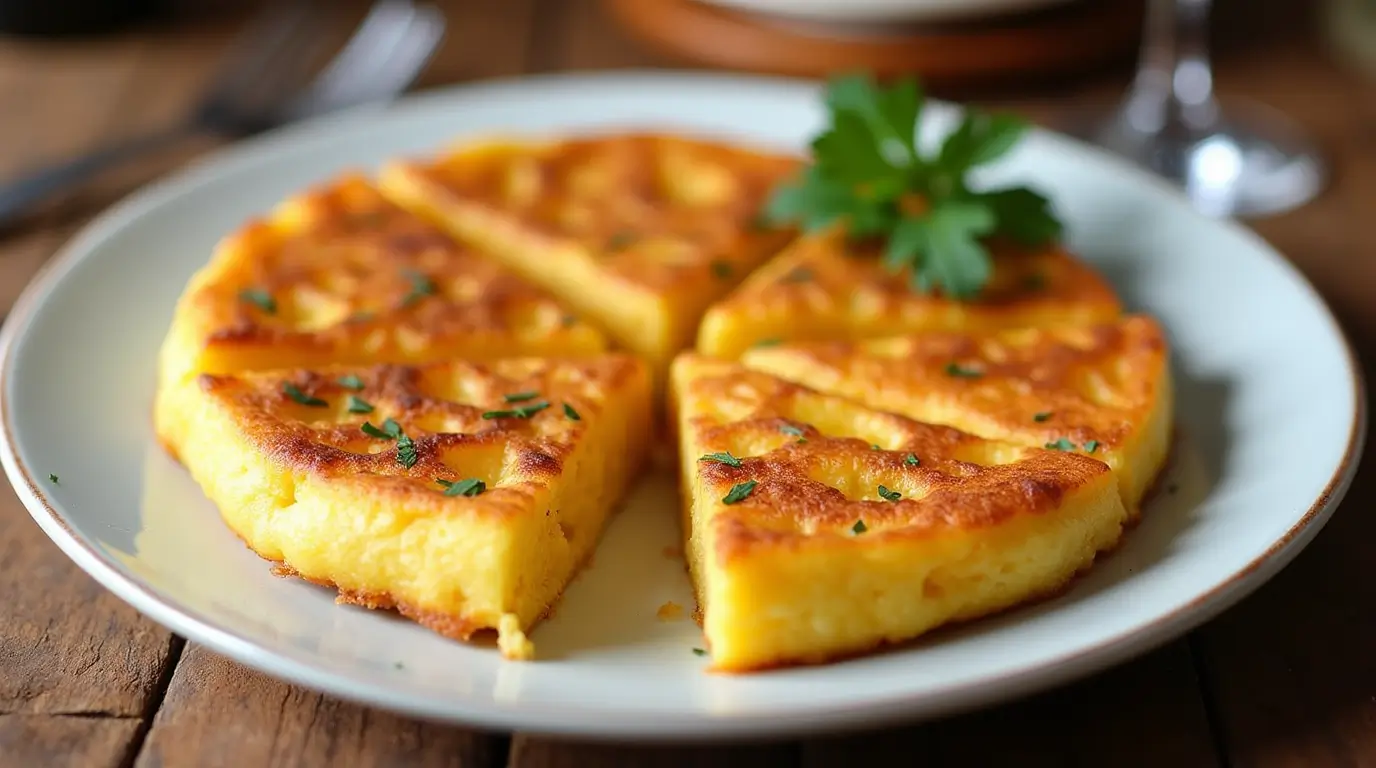 A beautifully presented Tortilla Española on a plate, sliced into wedges, with a garnish of parsley.