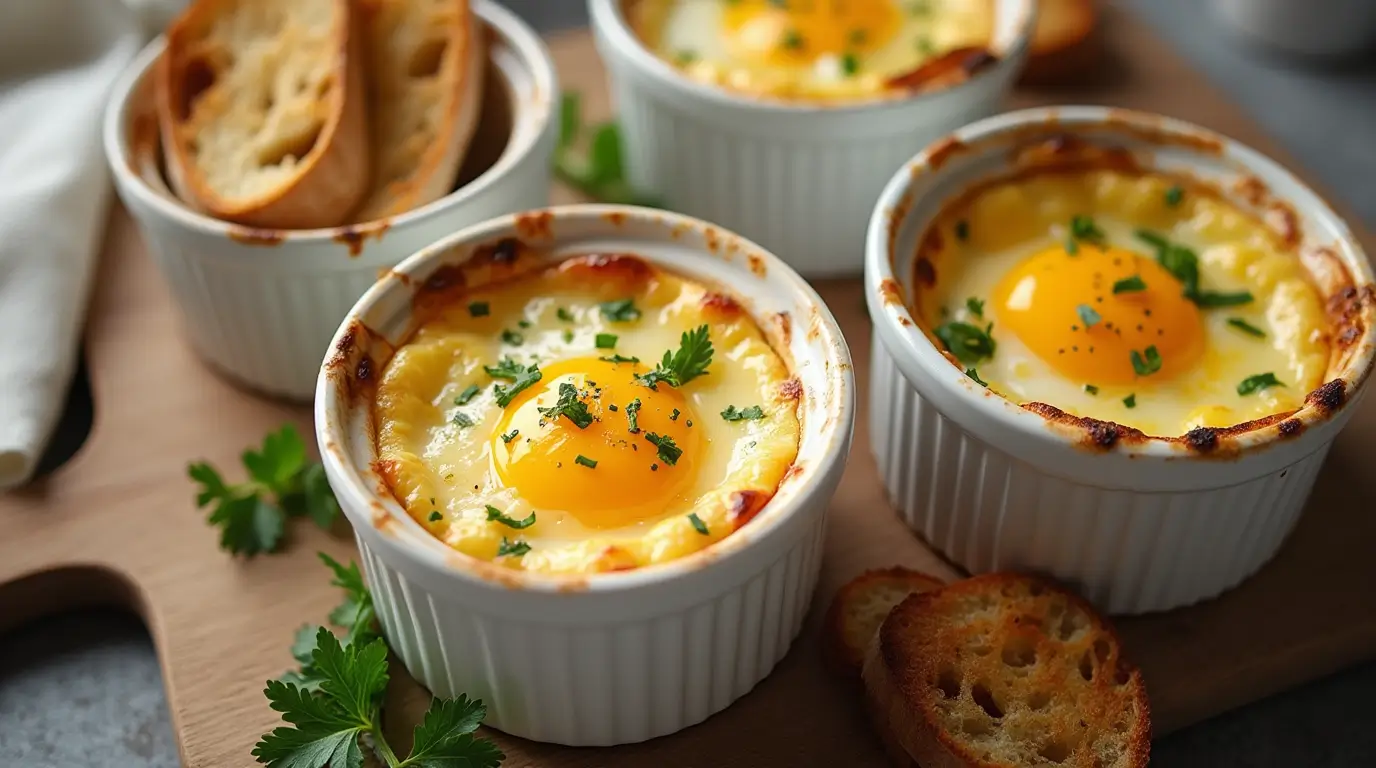 A close-up of freshly baked Eggs en Cocotte, topped with herbs and served with crusty bread on a wooden board.