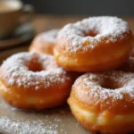 Freshly fried old-fashioned doughnuts glazed with sugar and served with coffee.