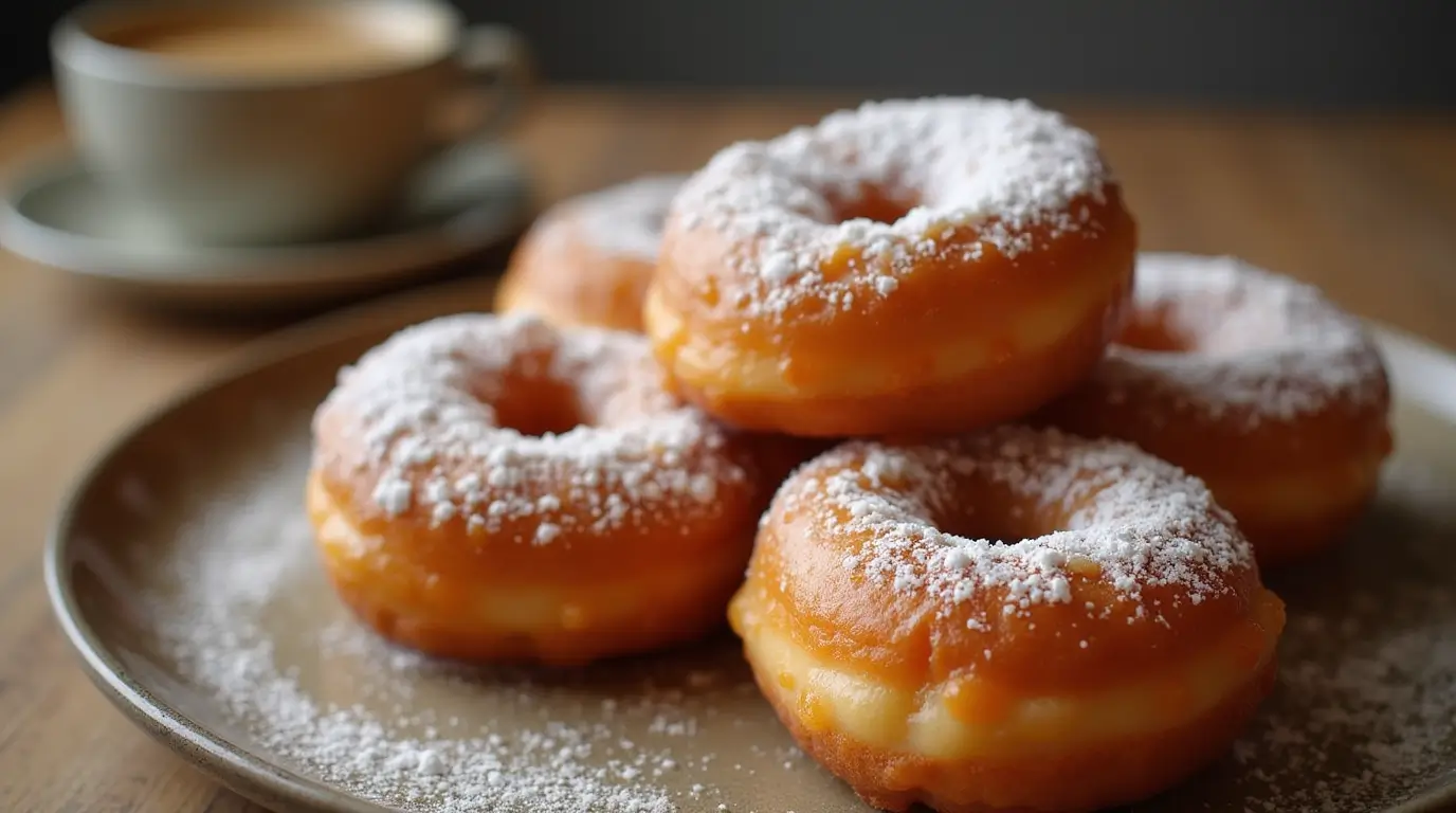 Freshly fried old-fashioned doughnuts glazed with sugar and served with coffee.