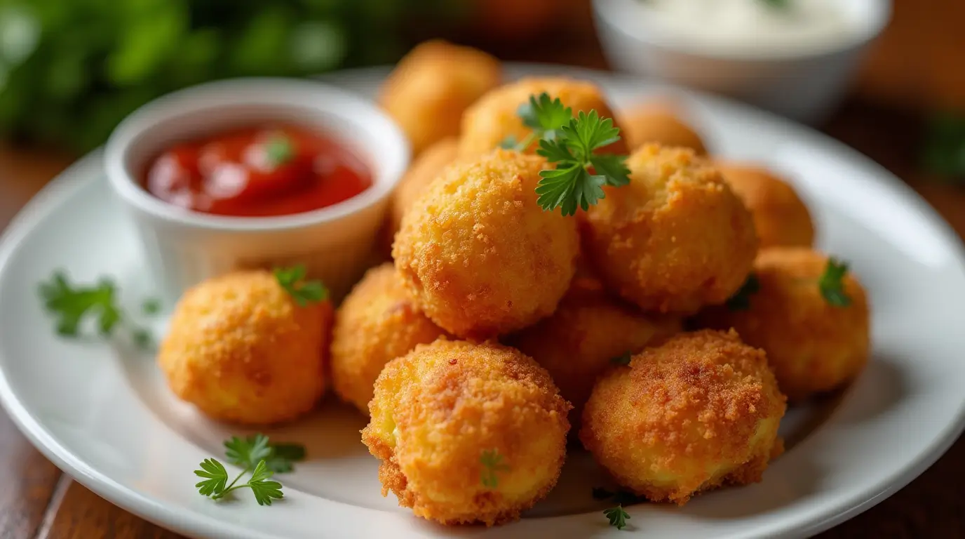 Crispy fried cheese bites with dipping sauces on a white plate.