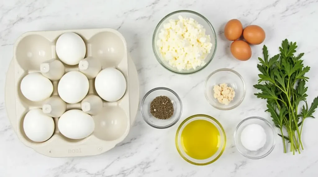 Ingredients for Baked Cottage Cheese Eggs, including cottage cheese, eggs, garlic, olive oil, salt, pepper, and herbs.