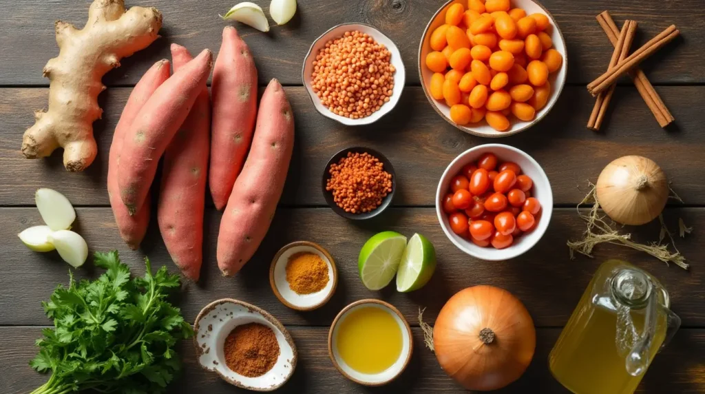  A flat lay of ingredients for red lentil curry with sweet potatoes on a wooden table.