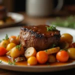 A beautifully plated serving of pot roast for one with beef, vegetables, and gravy.