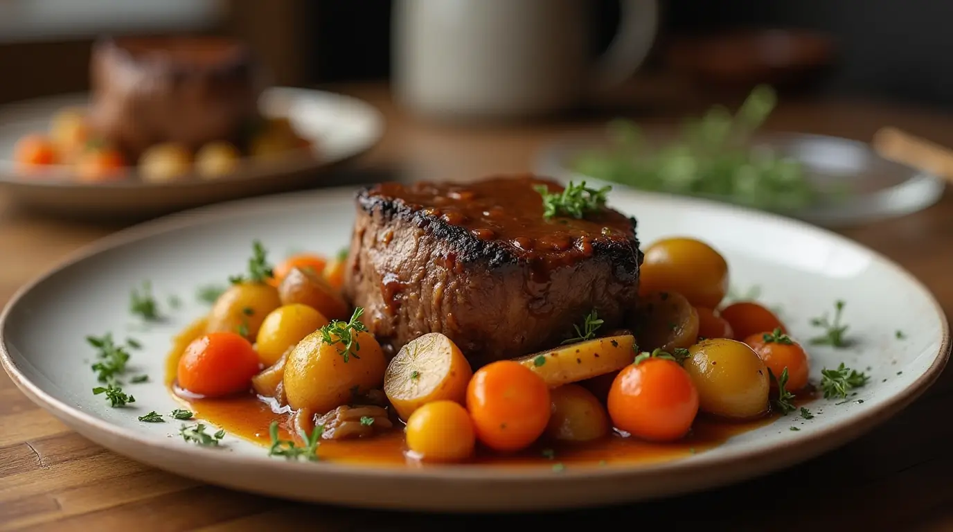 A beautifully plated serving of pot roast for one with beef, vegetables, and gravy.