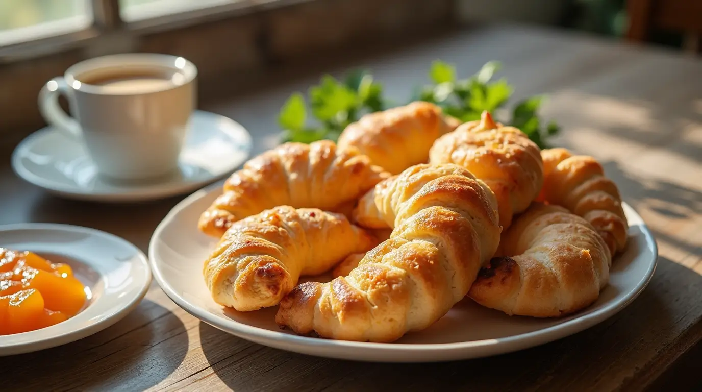 Golden, flaky Gipfeli served with apricot jam and coffee on a white plate.