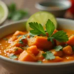 A bowl of red lentil curry with sweet potatoes garnished with cilantro and served with rice.