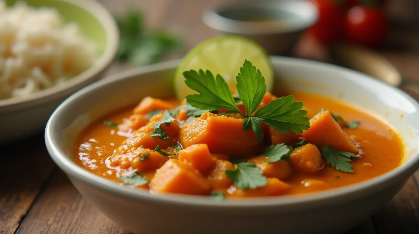 A bowl of red lentil curry with sweet potatoes garnished with cilantro and served with rice.