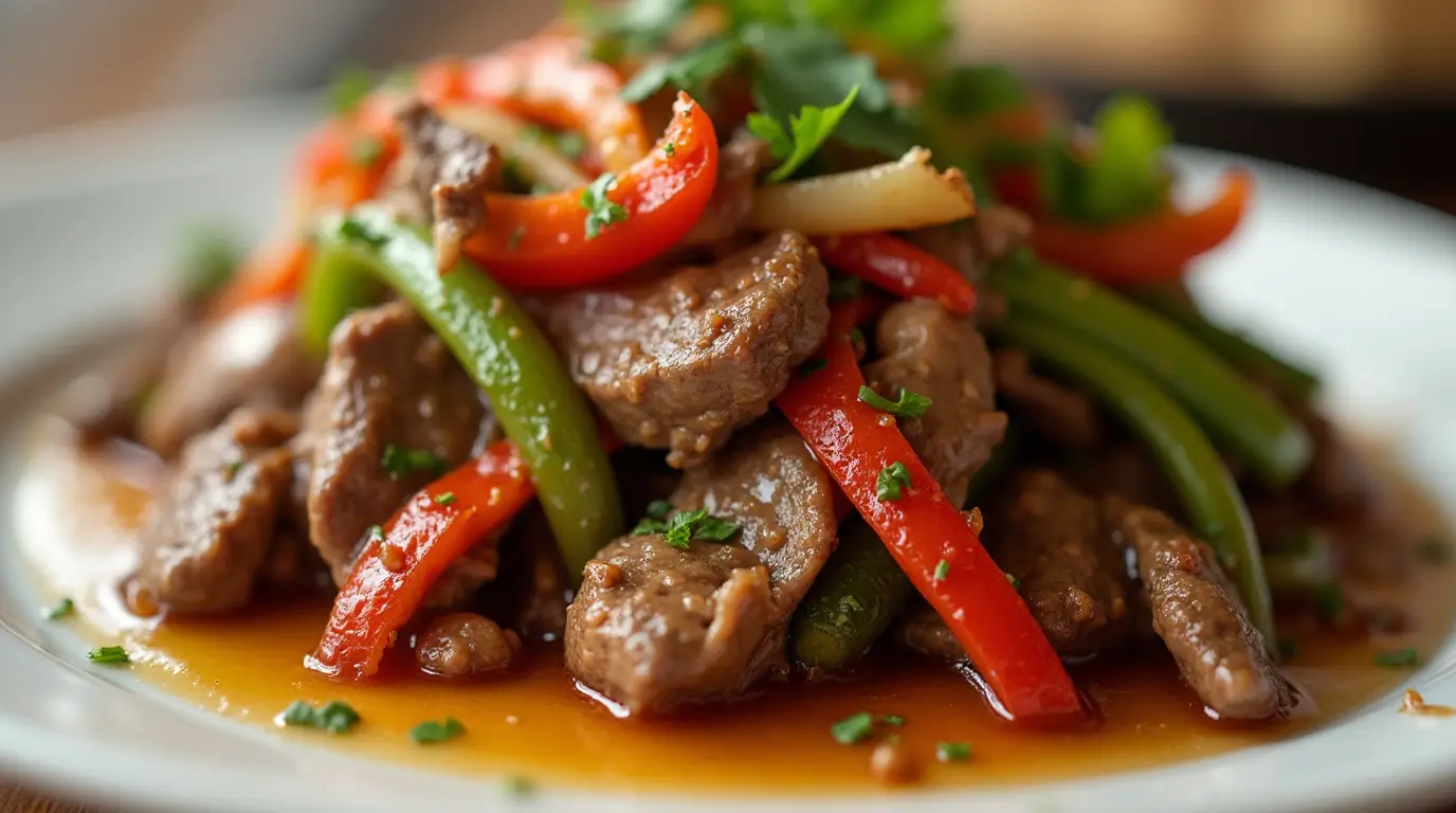 Savory beef stir fry with onions, peppers, and rice on a black plate.