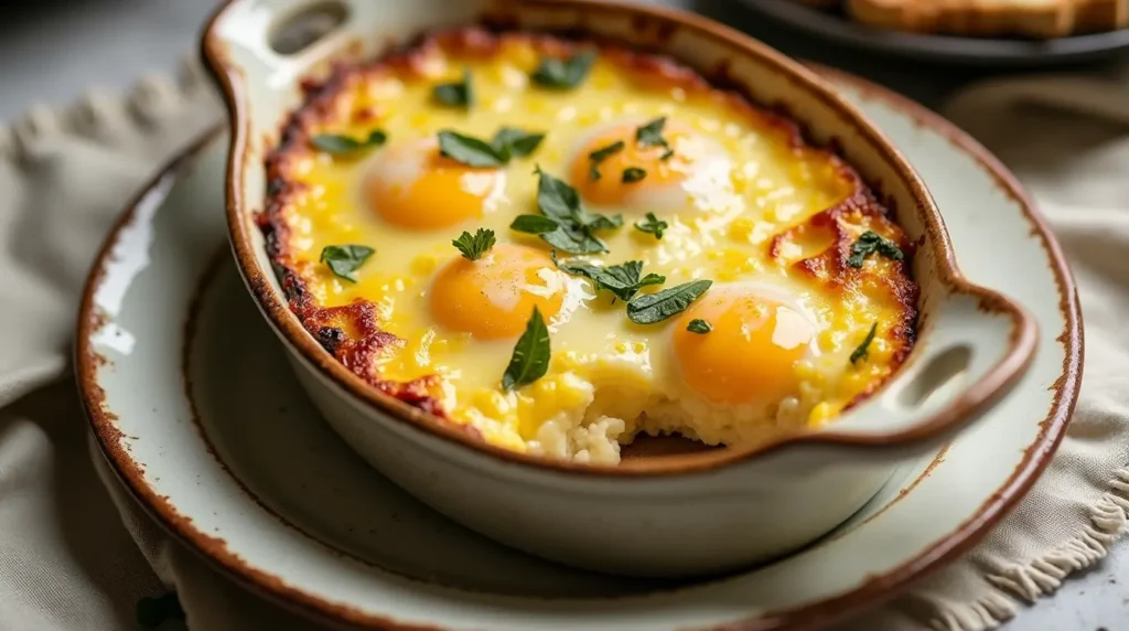 A slice of Baked Cottage Cheese Eggs showcasing its fluffy, creamy texture with fresh herbs on top.