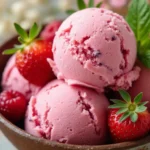 Strawberry and raspberry ice cream served in a rustic bowl with fresh berries.