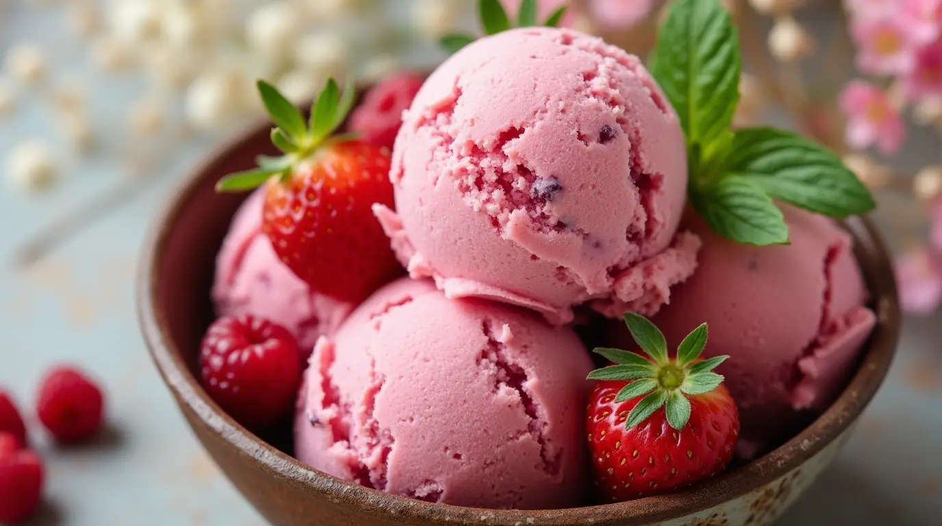 Strawberry and raspberry ice cream served in a rustic bowl with fresh berries.