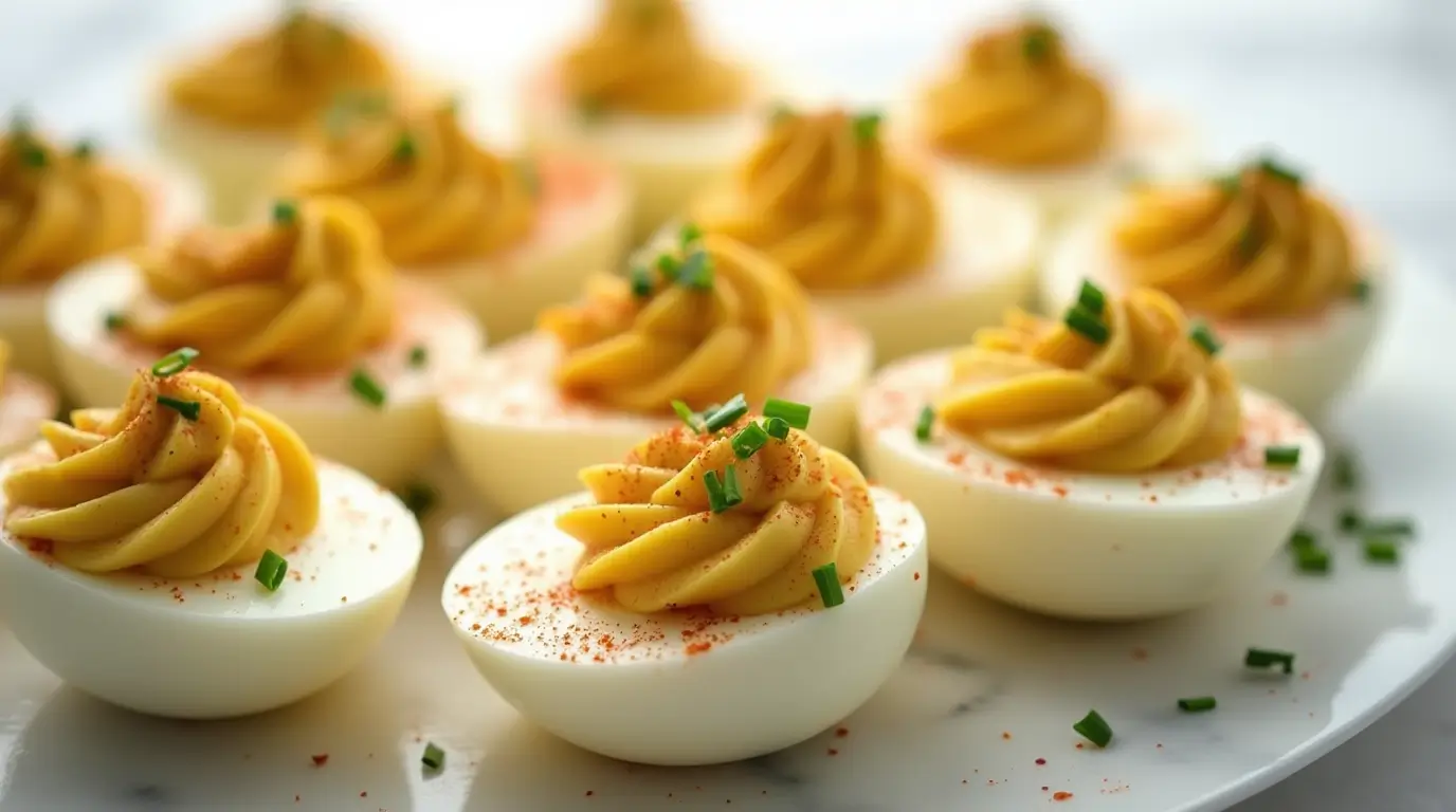 An overhead view of a beautifully arranged platter of deviled eggs garnished with smoked paprika and fresh chives.