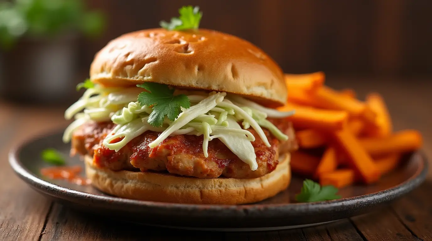 A delicious Crockpot Chicken Sandwich on a plate with sides.