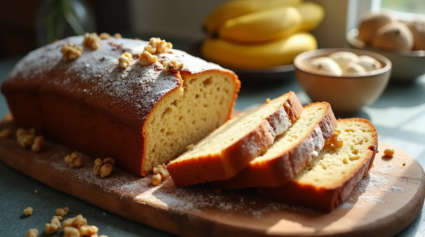 A delicious slice of Sourdough Banana Bread displayed on a rustic board in a cozy kitchen.