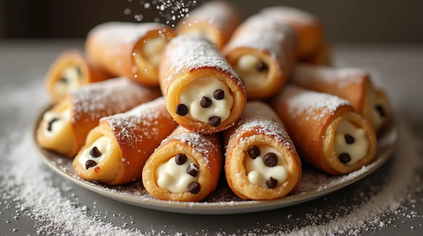 A beautifully plated serving of Cannoli Cream Puffs with a light dusting of powdered sugar, highlighting the creamy filling and golden pastry.