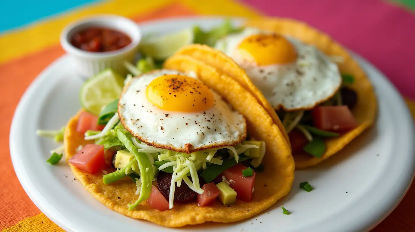 Plated Fried Egg Taco with fresh toppings and a garnish of lime and salsa.