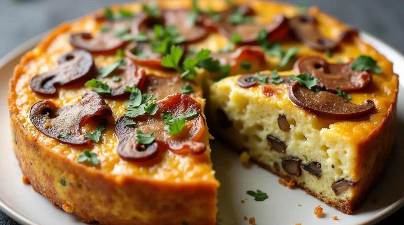 A golden-brown bacon and mushroom frittata with a slice removed, showing its fluffy interior.