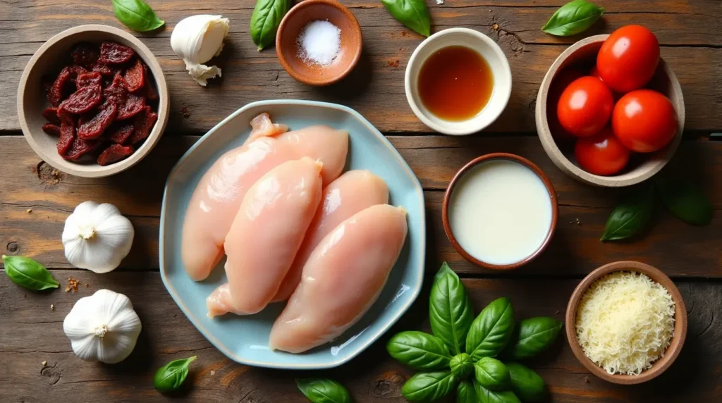 Top-down view of fresh ingredients for Marry Me Chicken, including chicken breasts, garlic, sun-dried tomatoes, heavy cream, chicken broth, Parmesan cheese, basil, and seasonings, arranged on a rustic wooden table.