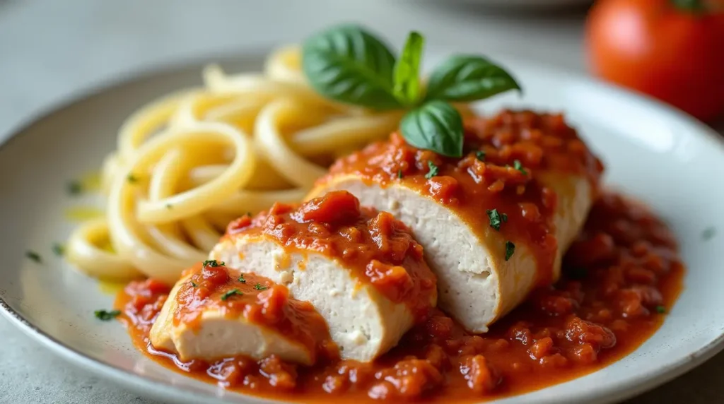 Single serving of Marry Me Chicken on a plate, featuring a sliced chicken breast covered in creamy sun-dried tomato sauce, garnished with basil, and accompanied by a side of pasta.