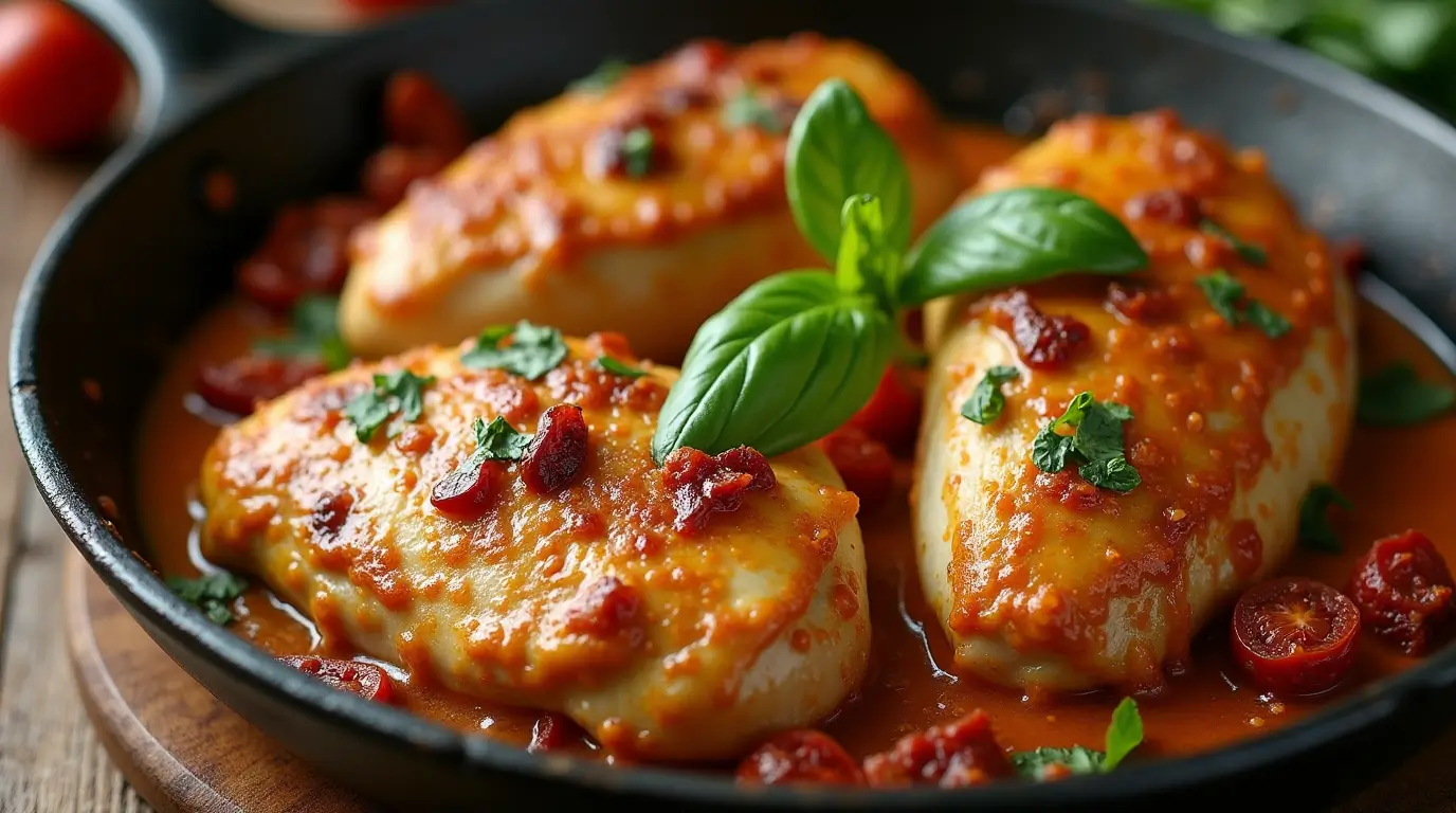 Close-up of Marry Me Chicken in a skillet, featuring golden-brown chicken breasts covered in a creamy sauce with sun-dried tomatoes and garnished with fresh basil.