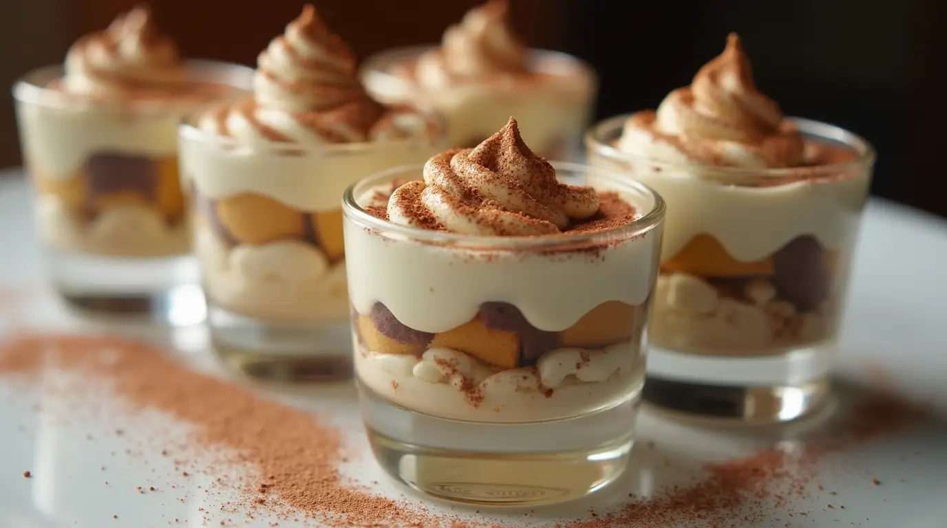 Elegant presentation of Mini Tiramisu Cups in clear glass cups with layered dessert visible.