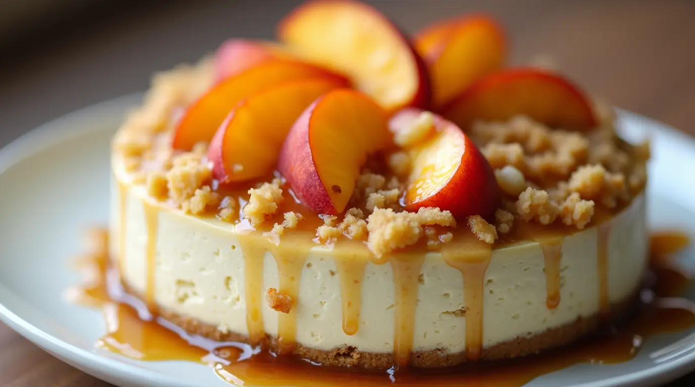 Elegant presentation of Peach Cobbler Cheesecake on a white plate with garnishes.